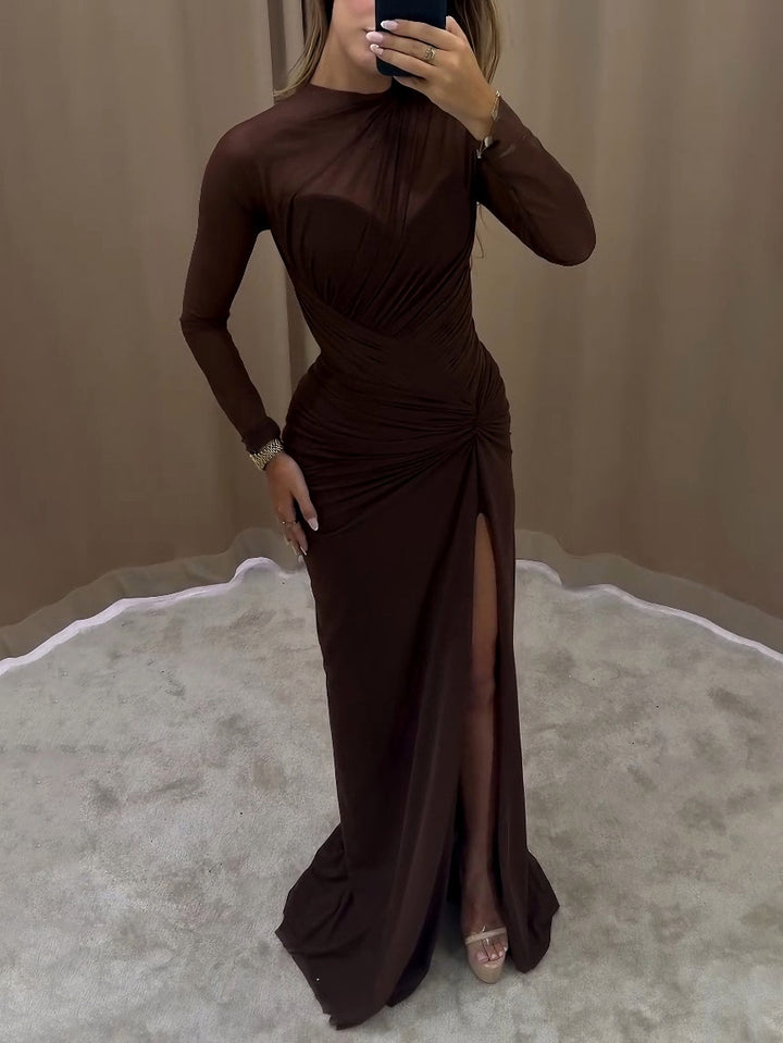 Elegant Draped Long-sleeved Maxi Dress