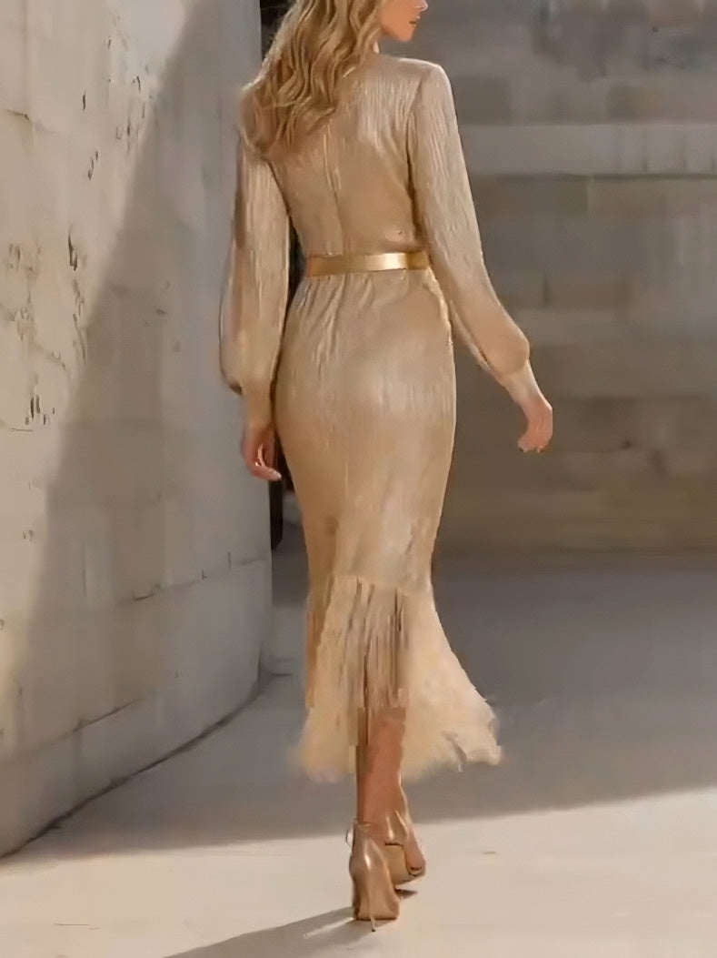 Elegant Tassel Wrap-around Slim-fit Maxi Dress