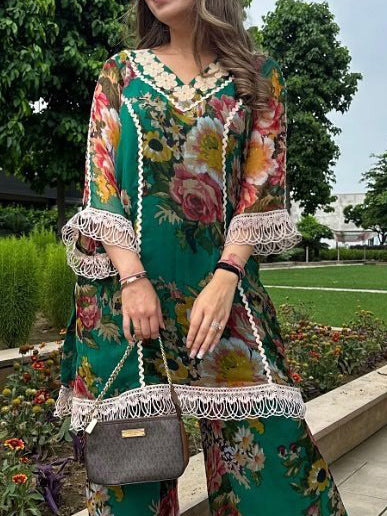 Elegant Floral Print Lace-Hem Wide-Leg Pants