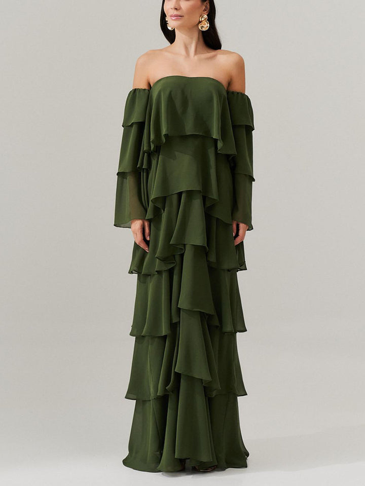 Elegant Off-Shoulder Layered Ruffle Maxi Dress
