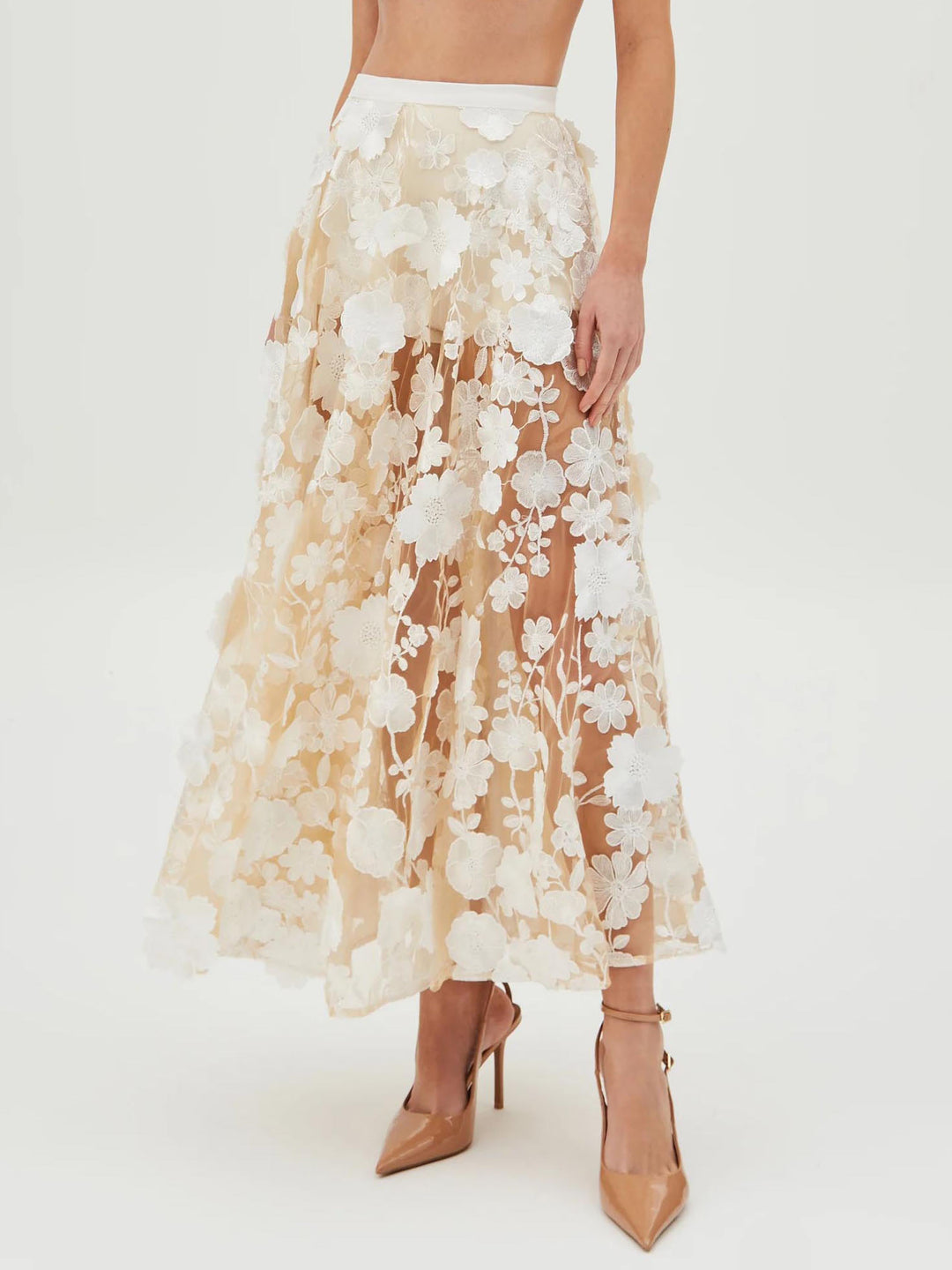 Exquisite Floral Embroidered Sheer Maxi Skirt