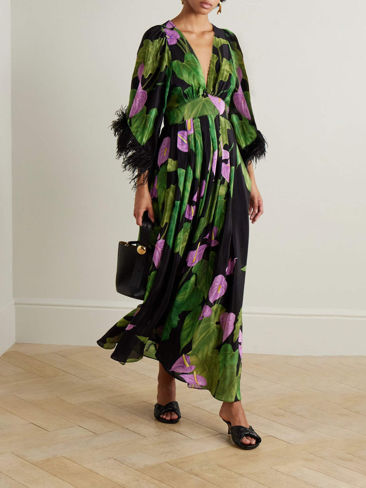 Elegant Feather Trim Floral Print Flowy Maxi Dress