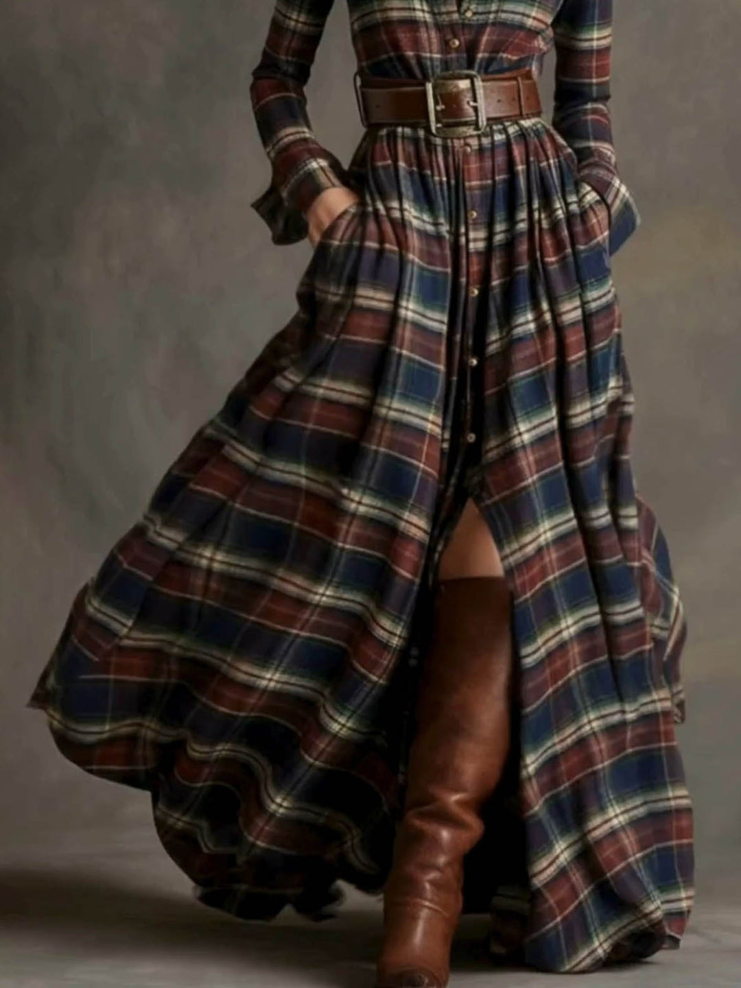 Retro-style Collared Colorful Plaid Maxi Dress