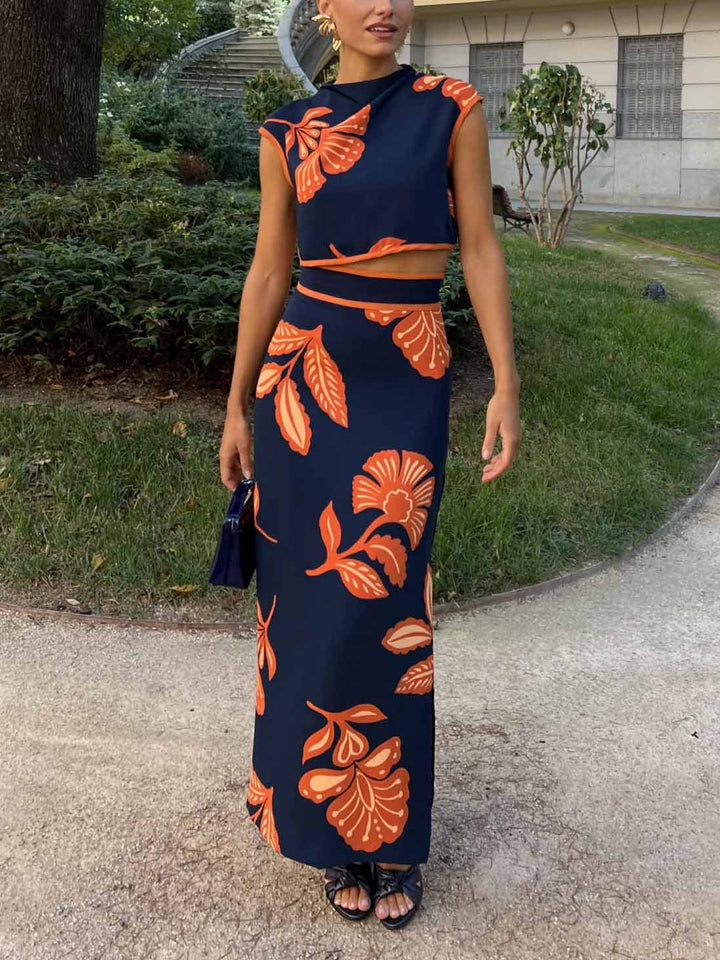 Exquisite Plant And Flower Print Slit Skirt