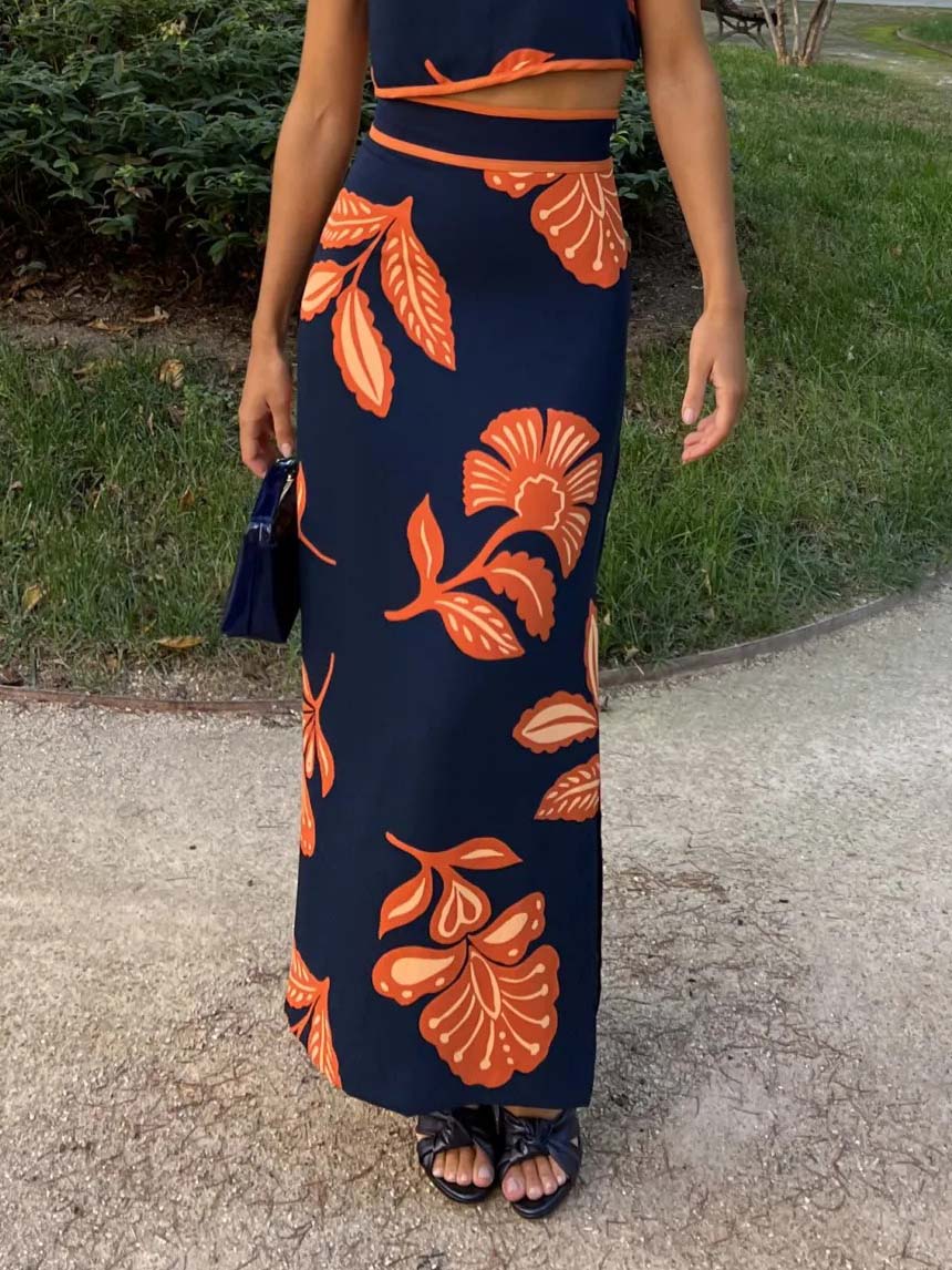 Exquisite Plant And Flower Print Slit Skirt