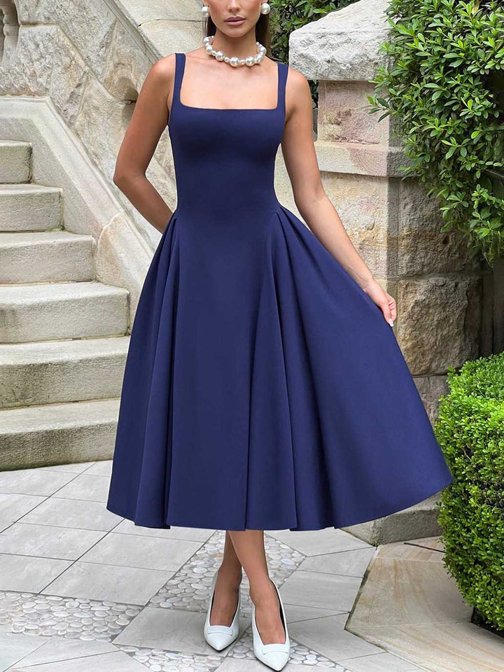 Elegant Retro Square Neck Slim Midi Dress