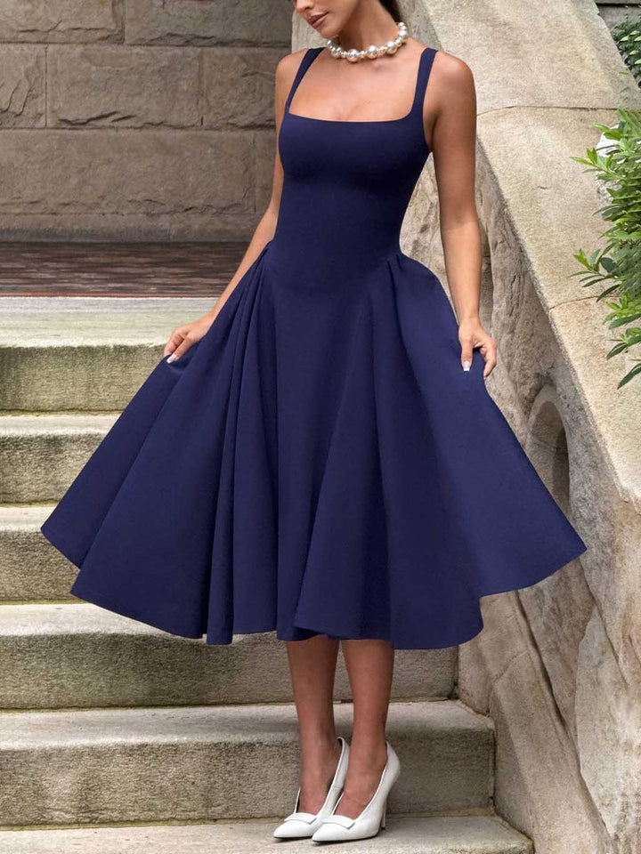 Elegant Retro Square Neck Slim Midi Dress