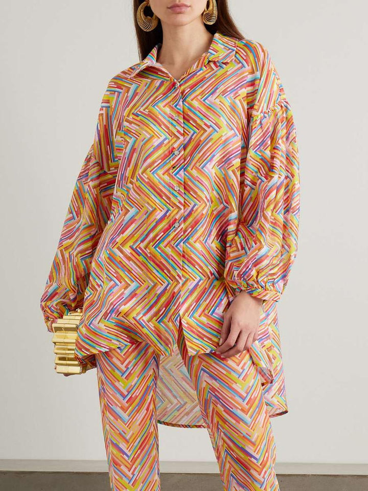 Casual Painted Line Print Lantern Sleeve Loose Shirt