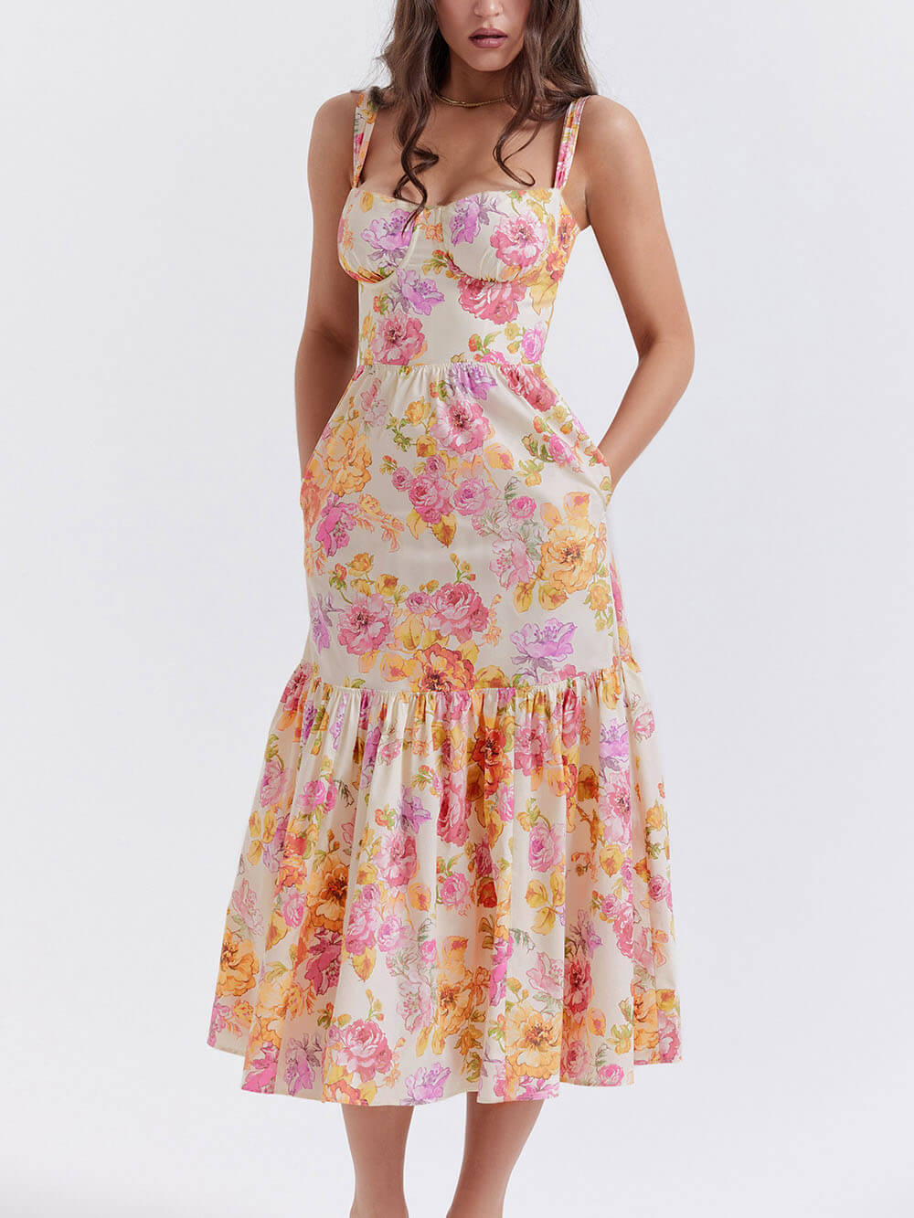 Strap A-Hem Floral Midi-kjole