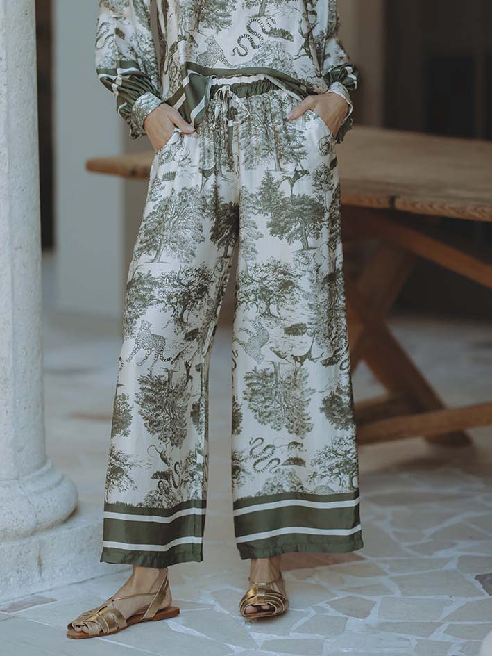 Satin Jungle Floral Print Loose Wide-Leg Pants