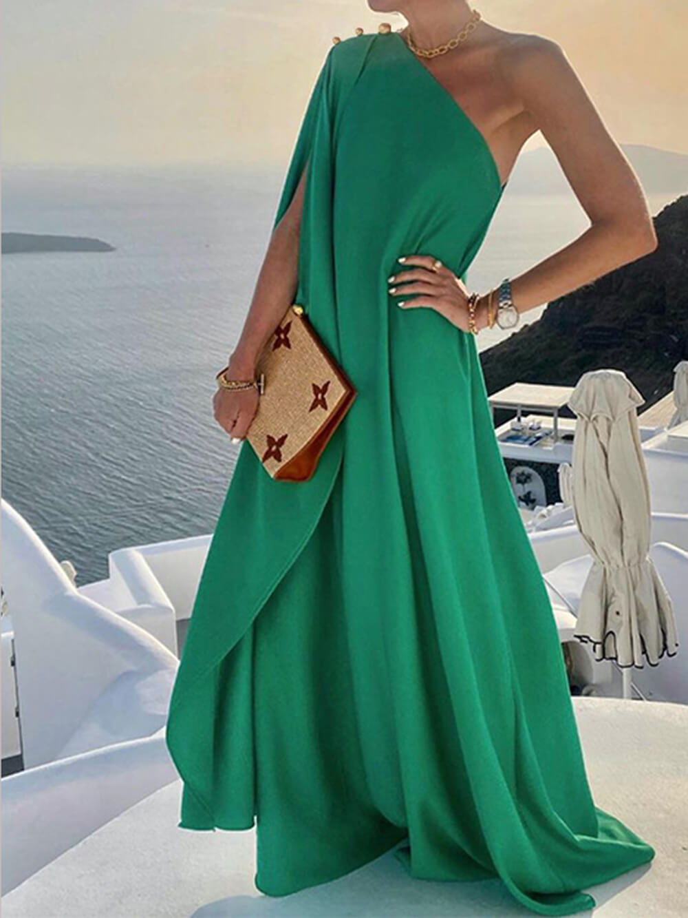 Μοντέρνο μονόχρωμο Loose One Shoulder Maxi Φόρεμα