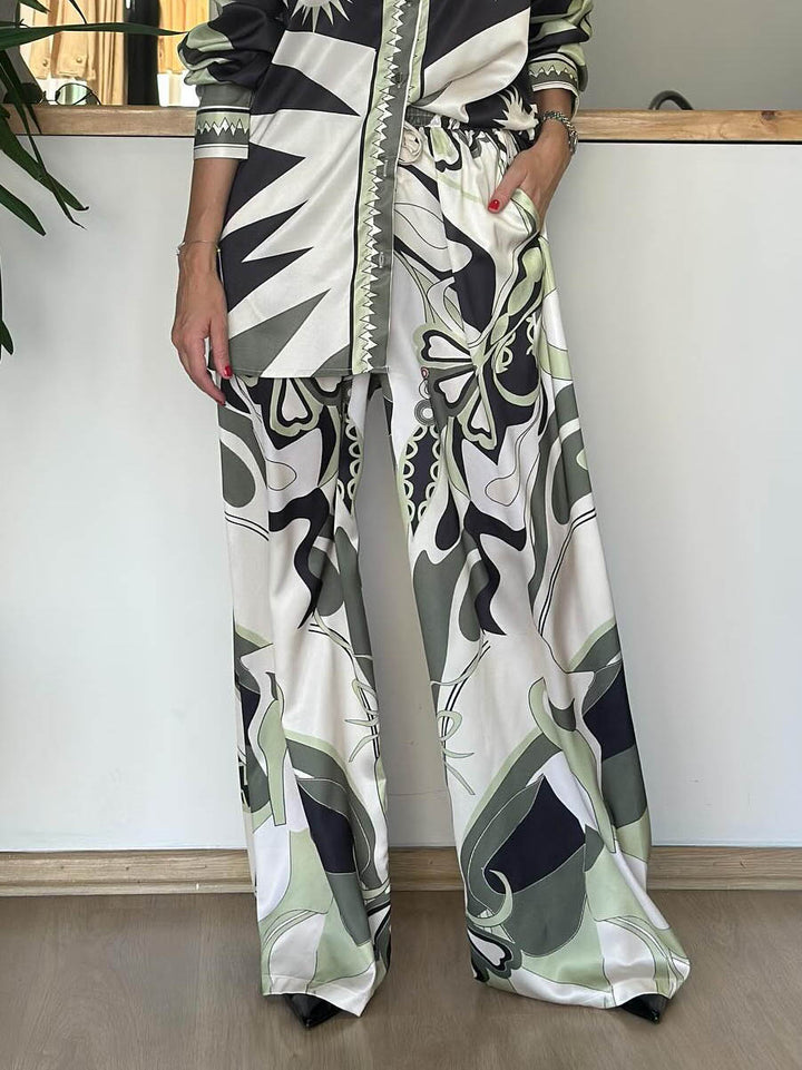 Unique Abstract Print Wide-Leg Satin Pants