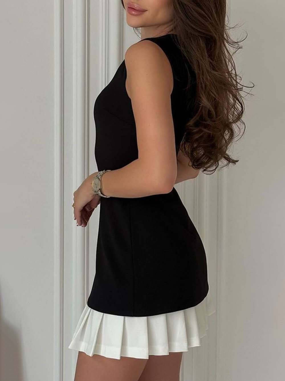 Elegant Two-tone Splicing Sleeveless Pleated Mini Dress