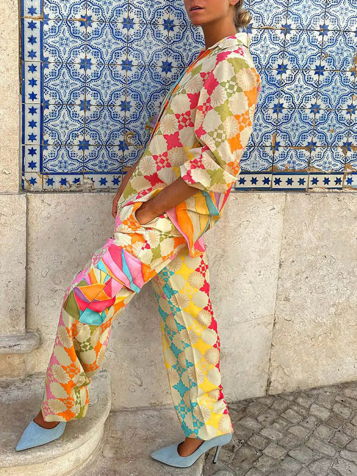 Vintage Chic Painted Print Elastic Pocket Pants