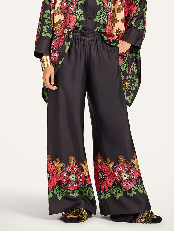 Exquisite Satin Floral Print Kimono Shirt Two-Piece Set
