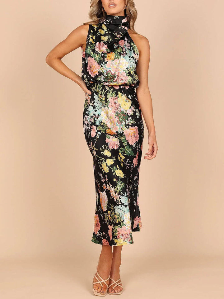 Robe longue florale à taille élastique et col licou