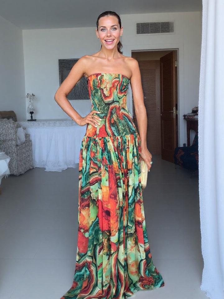 Elegant Wrap Neckline Abstract Print Maxi Dress