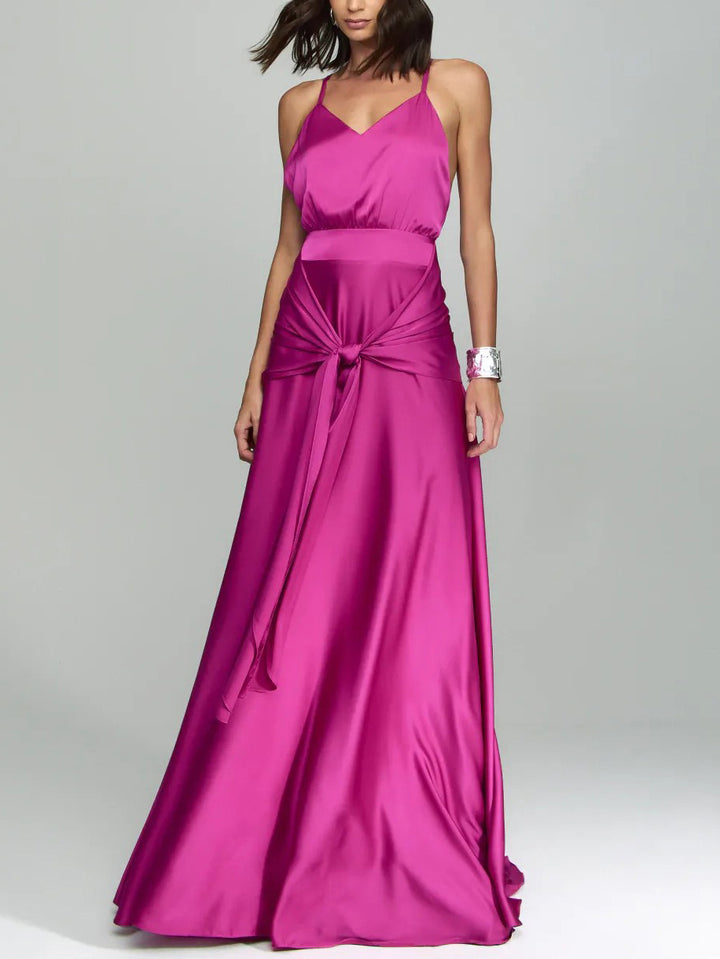 Elegant V-Neck Satin Tie-Waist Floor-Length Slip Dress
