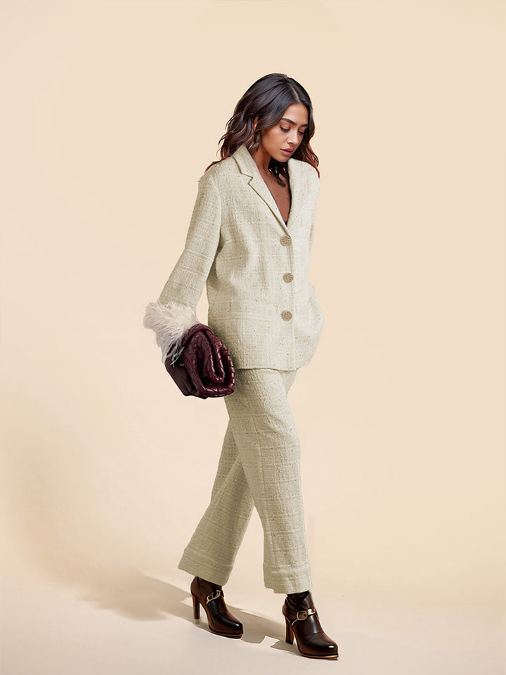 Pantalones elegantes de tweed con bolsillos y pierna ancha