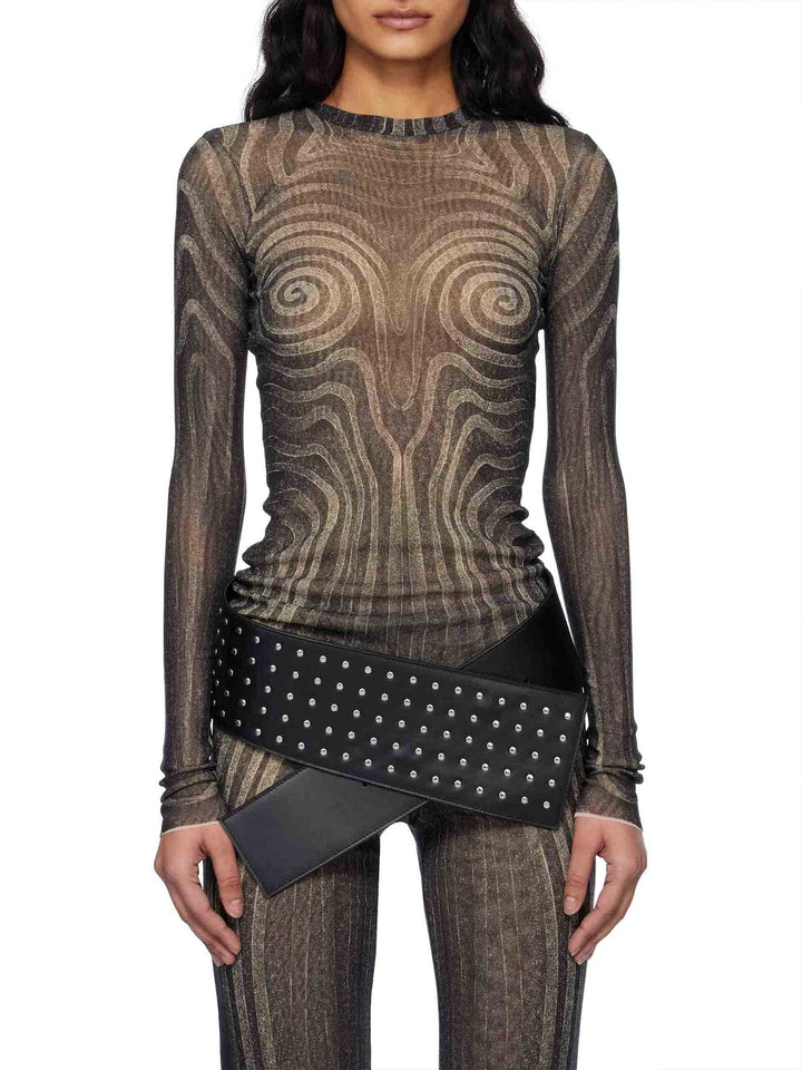 Artistic Abstract Print Sheer Knit Long-Sleeve Top