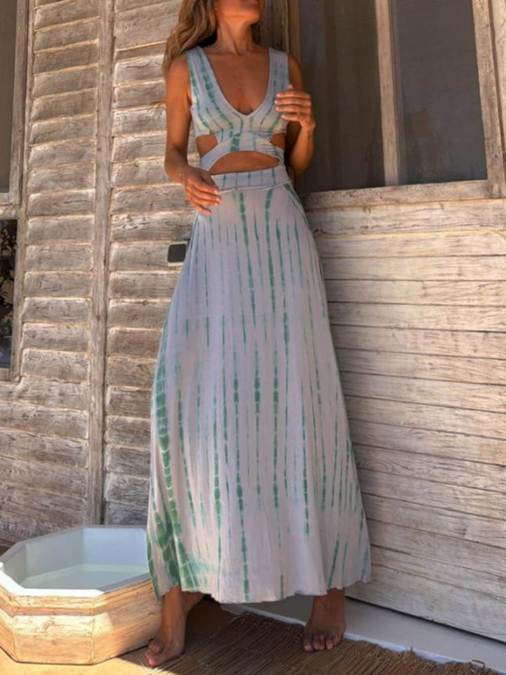 Unique Tie-Dye Print Hollow Slit Maxi Dress