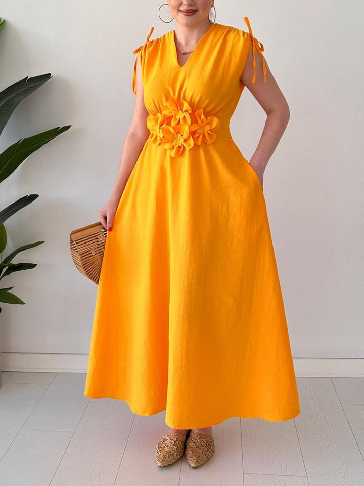 Exquisite V-neck Drawstring Floral Midi Dress