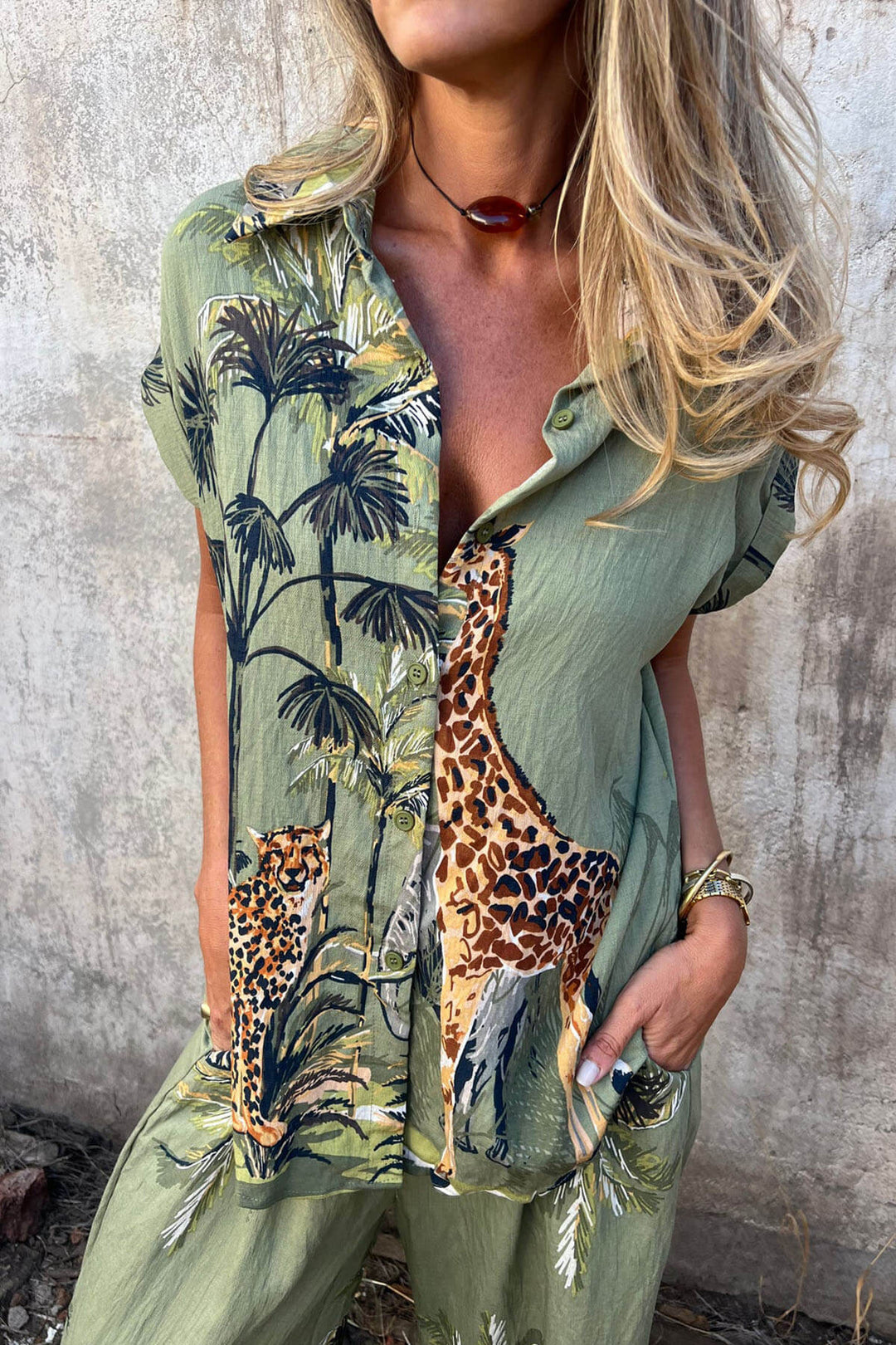 Unique Jungle Print Loose Button-Down Shirt