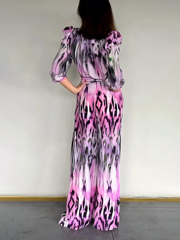 Exquisite Floral Print Pleated Tie-Waist Wide-Leg Jumpsuit