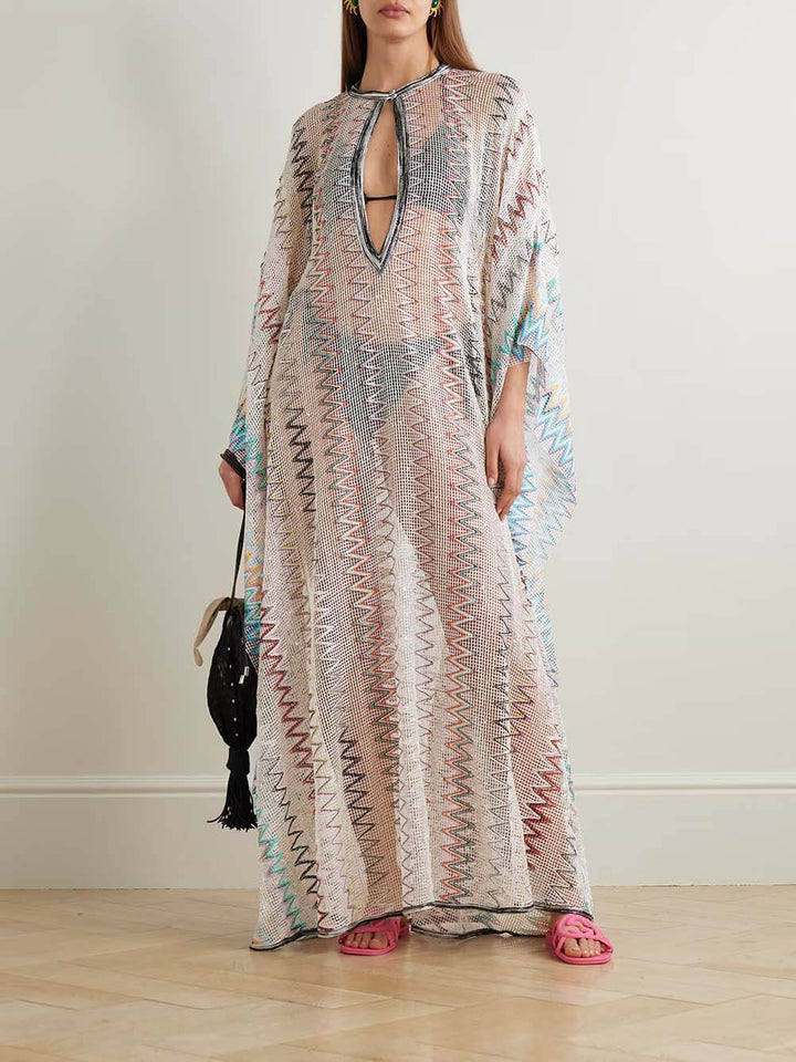 Casual Sequin Stripe Print Openwork Knit Maxi Dress