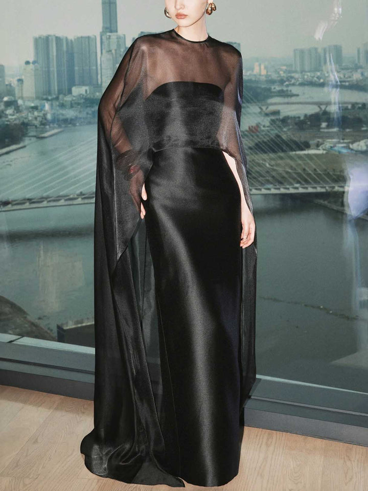 Elegant Sheer Cape Overlay Satin Maxi Dress