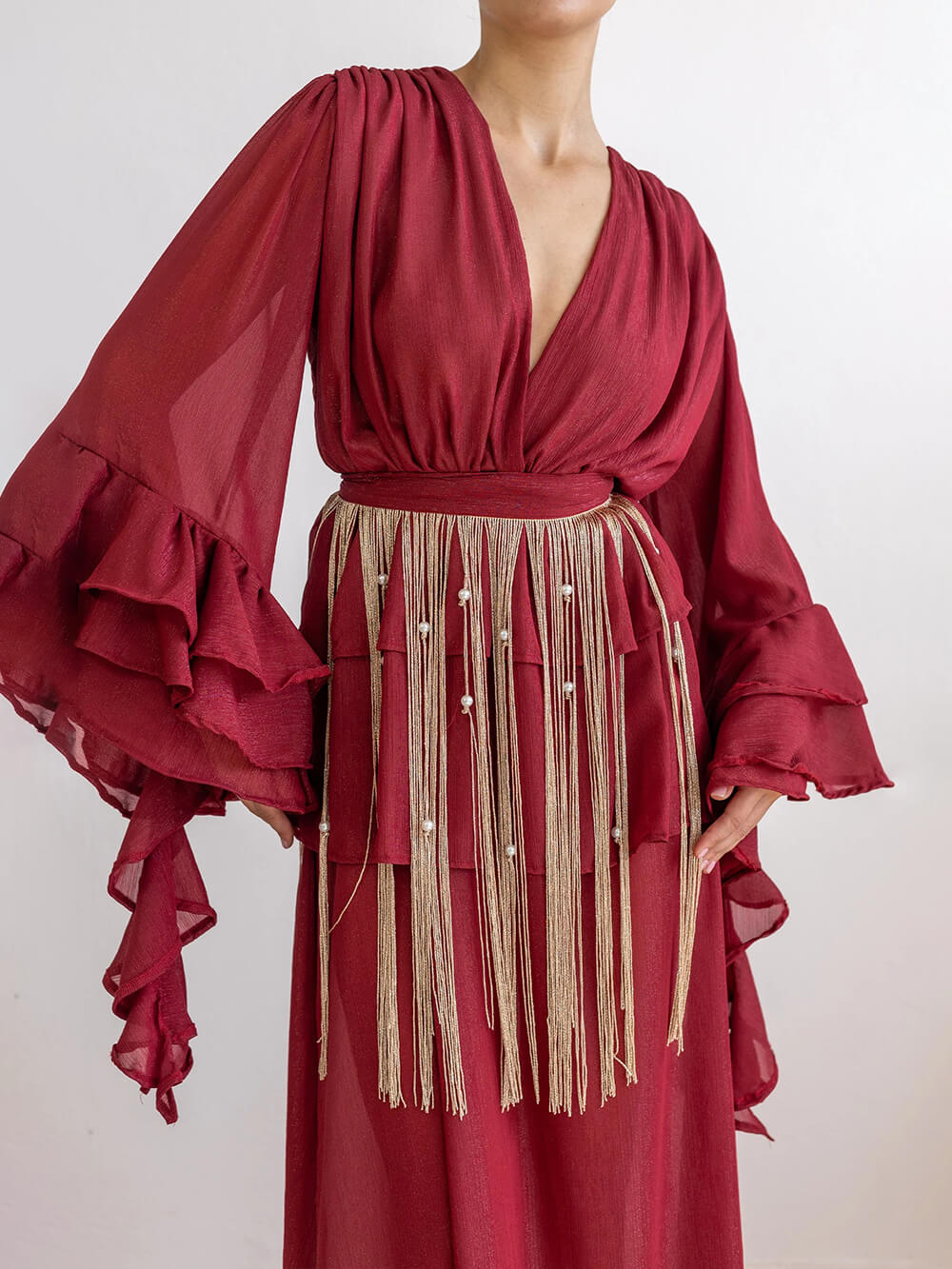 Elegant V-Neck Ruffle Ruched Chiffon Maxi Dress