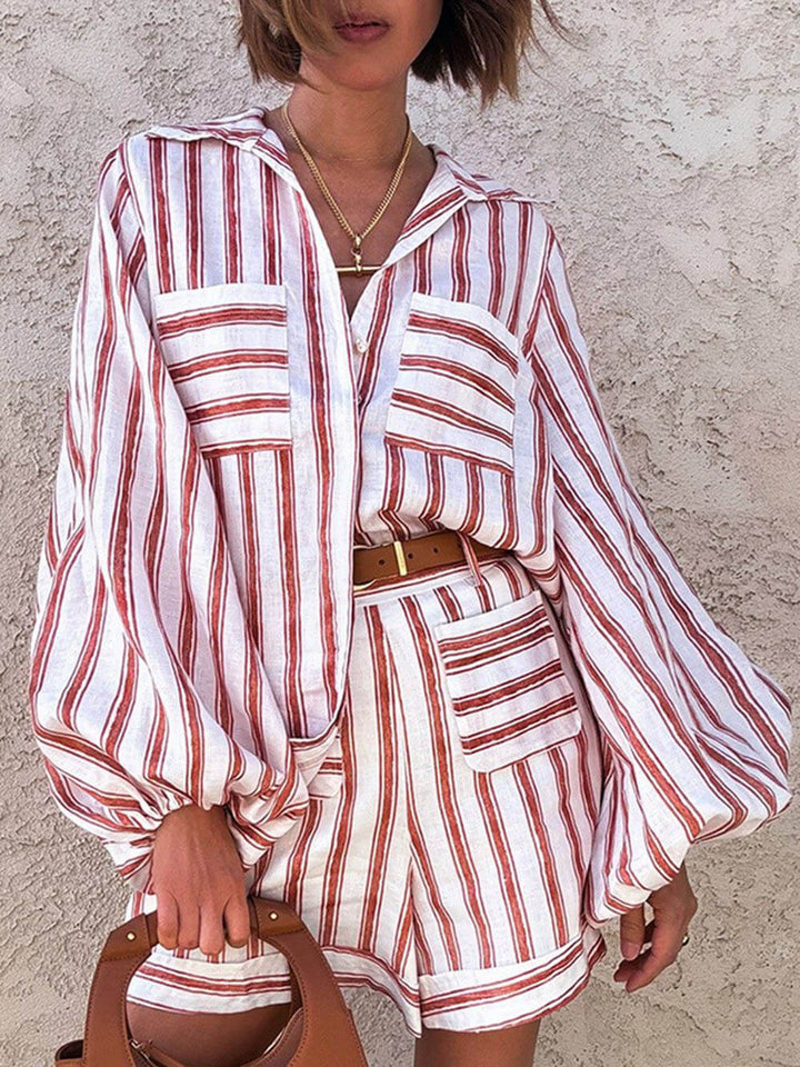 Classic Casual Striped Print Loose Shirt And Shorts Set