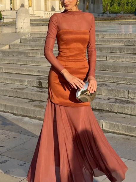 Elegant Sheer Panel Long-Sleeved Maxi Dress