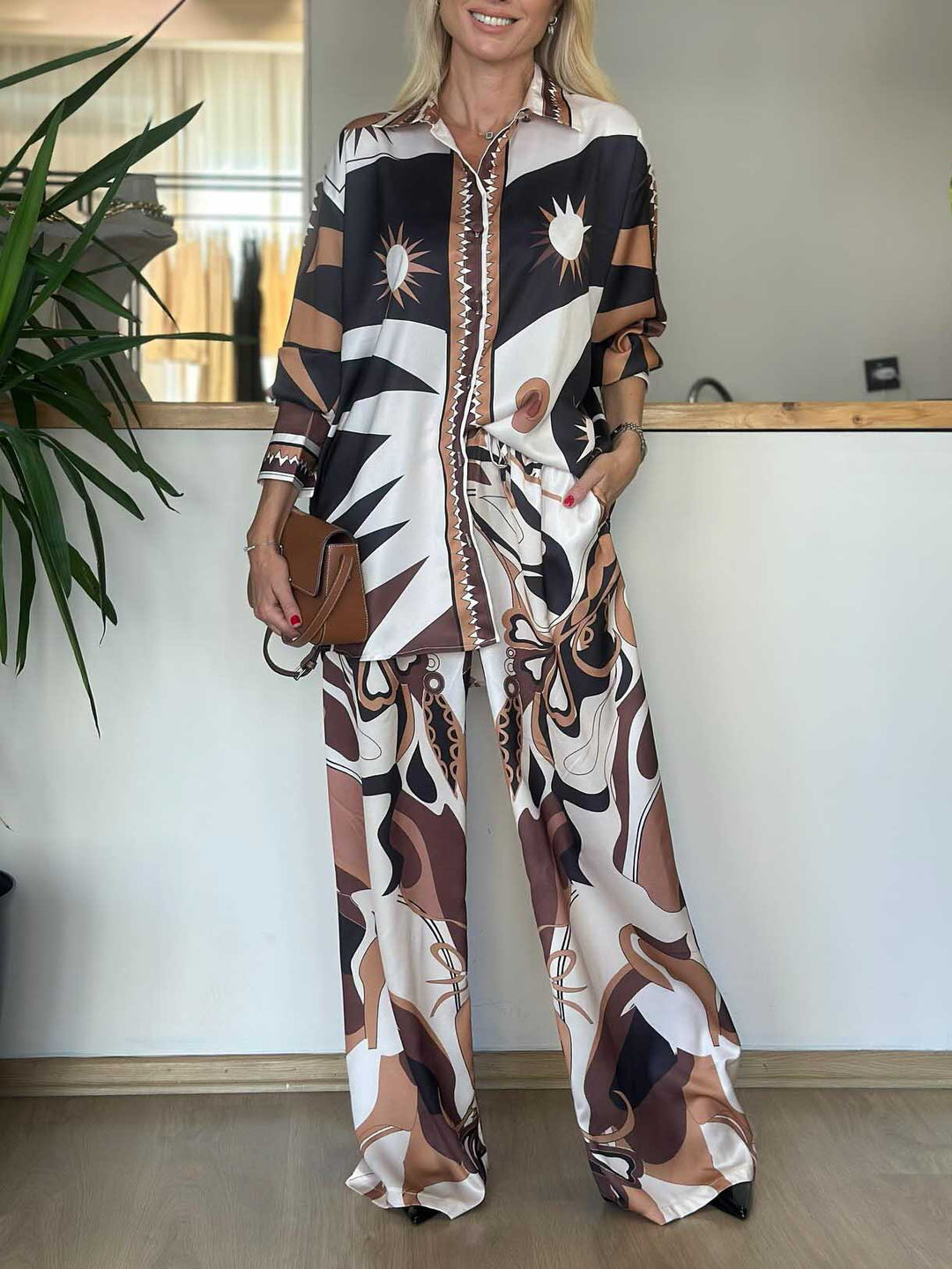 Unique Abstract Sun Print Satin Shirt