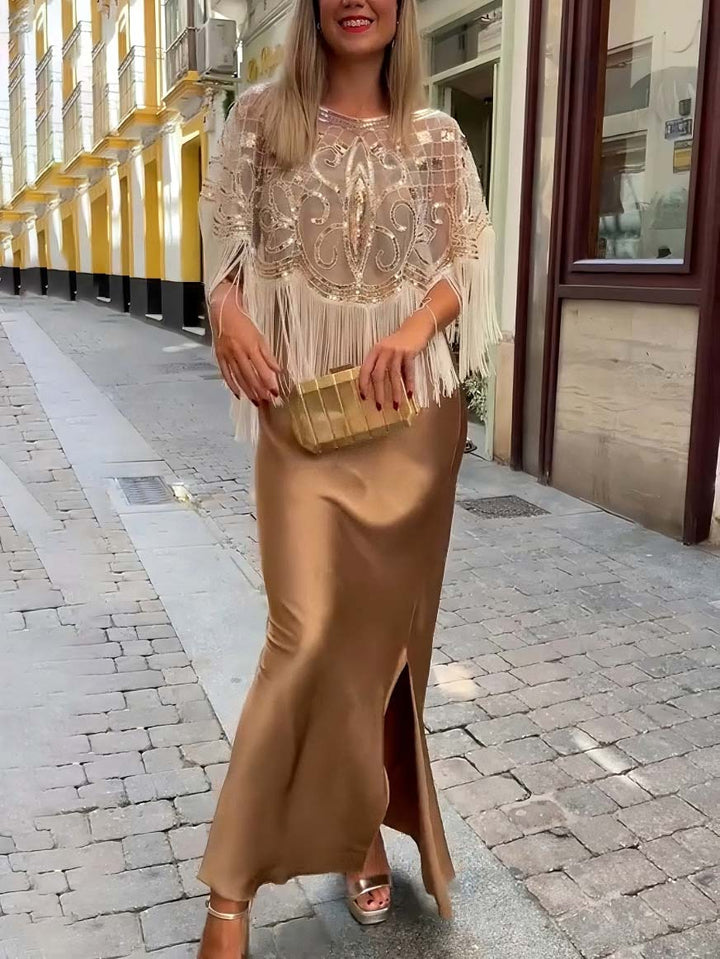 Elegant Satin Suspender Slit Maxi Dress