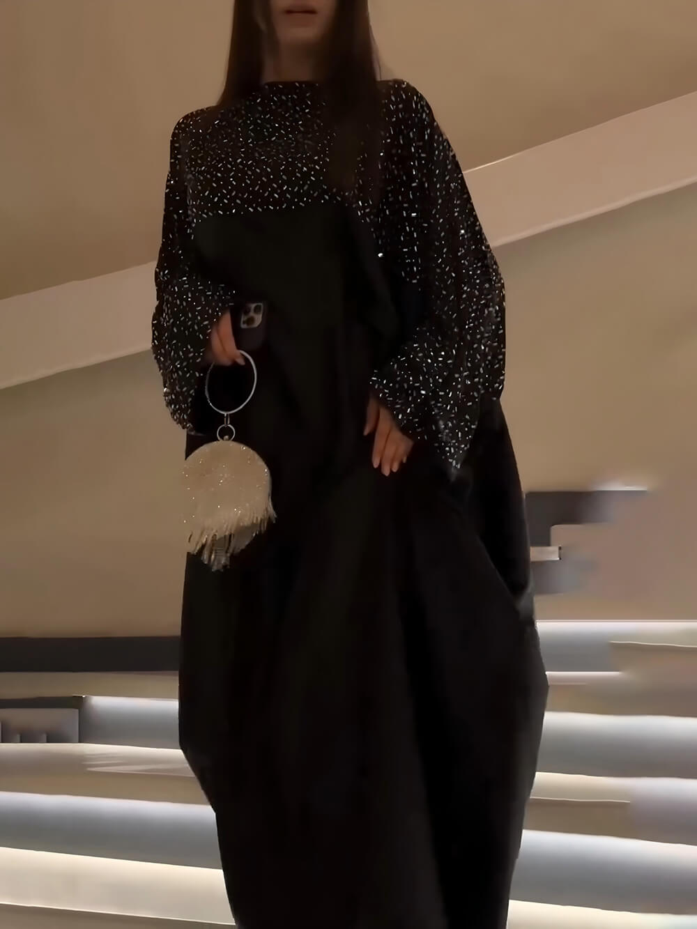 Exquisite Sequin-Panel Loose-Fit Maxi Dress