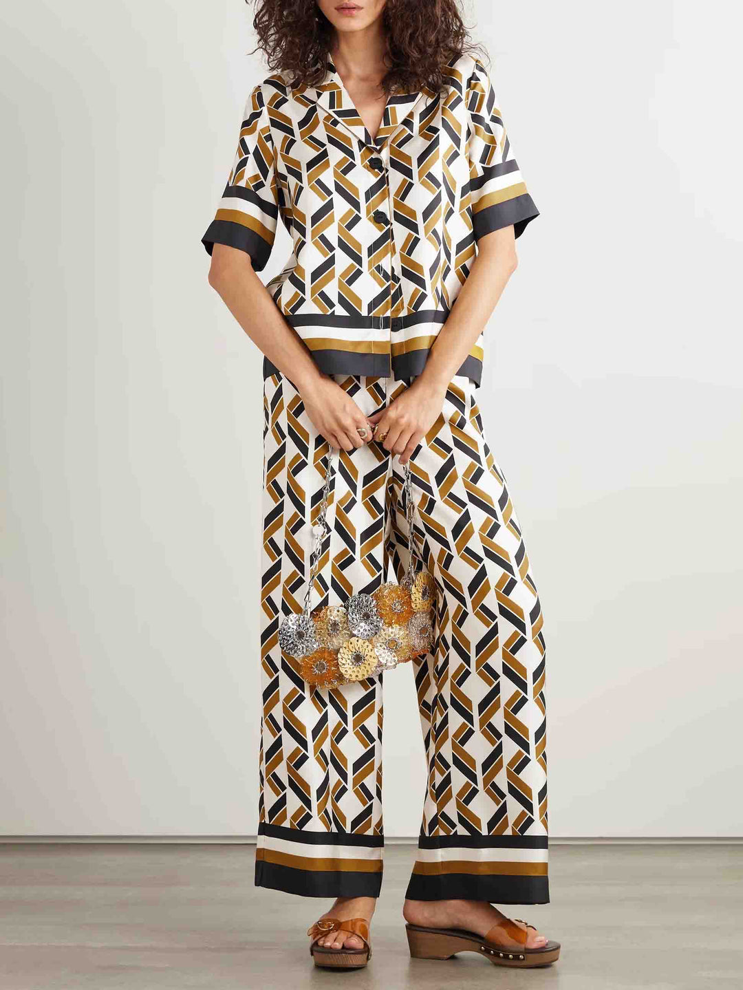 Exquisite Satin Geometric Print Short-sleeved Shirt
