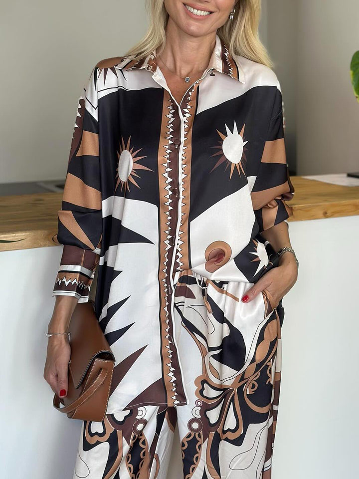 Unique Abstract Sun Print Satin Shirt