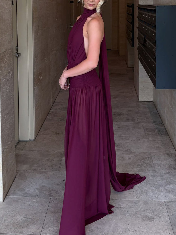 Elegant Halter Neck Ruffled Mesh Maxi Dress