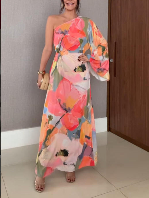 Exquisite Floral Print One-shoulder Maxi Dress