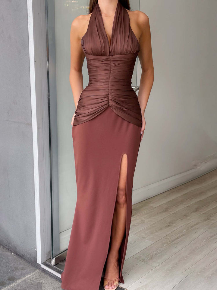 Elegant V-neck Pleated Waist Slit Maxi Dress