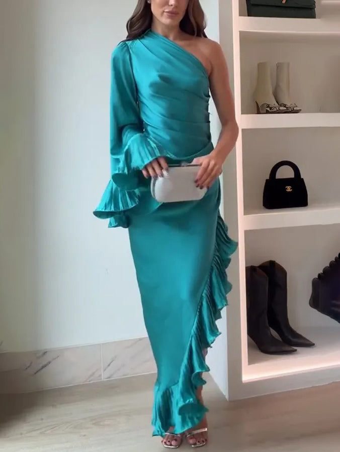 Elegant Satin One-shoulder Ruffled Asymmetrical Maxi Dress