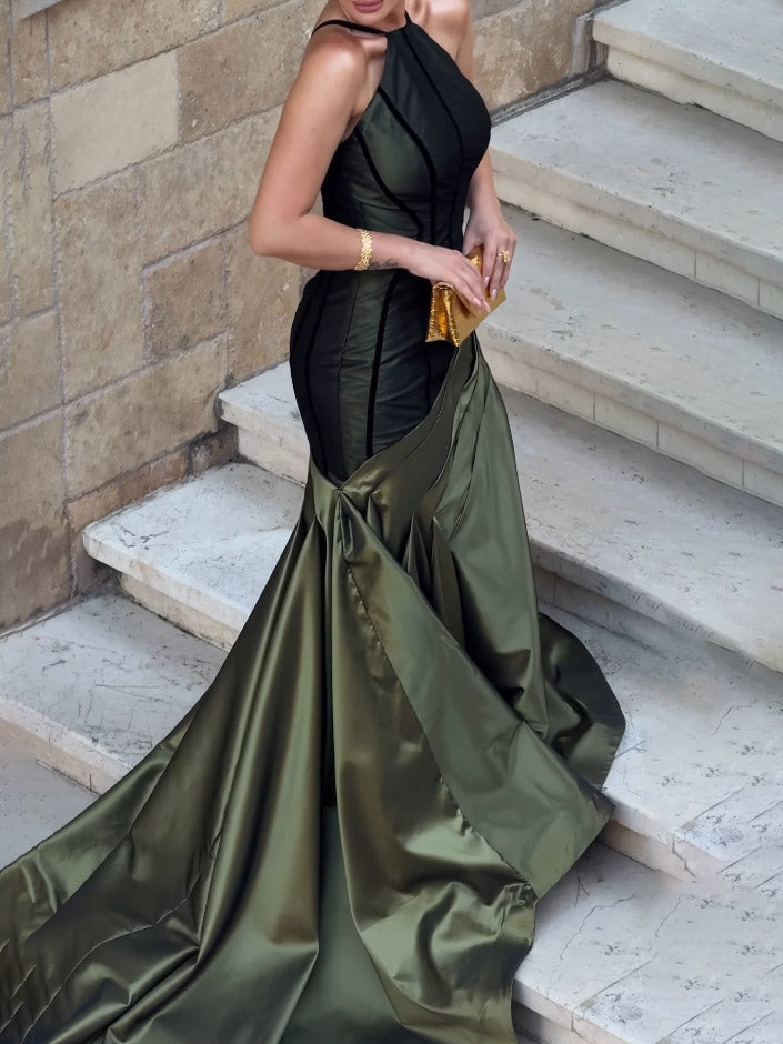 Elegant Halter Neck Contrast Corset Satin Maxi Dress