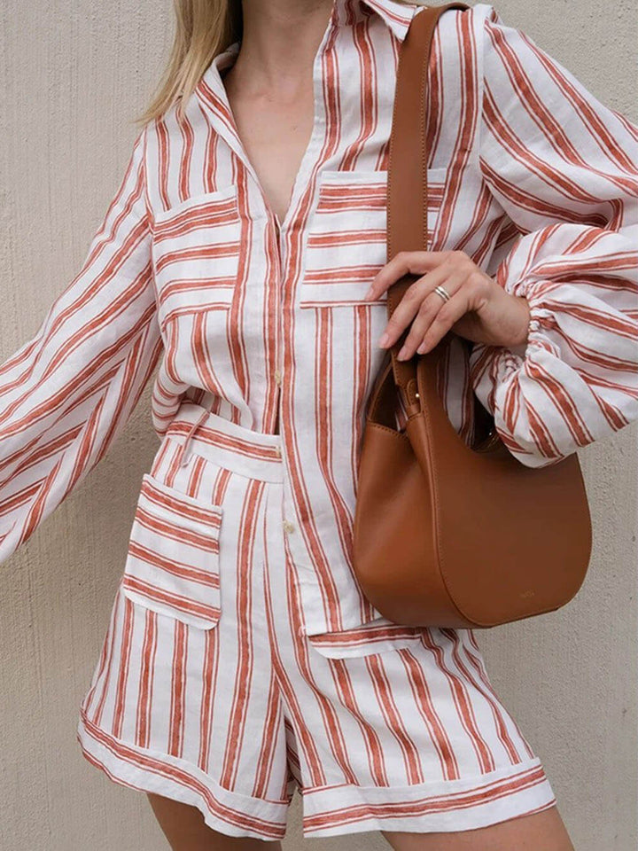 Classic Casual Striped Print Loose Shirt And Shorts Set