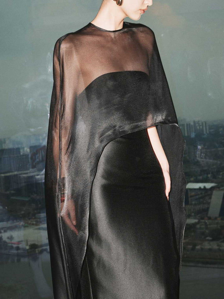 Elegant Sheer Cape Overlay Satin Maxi Dress