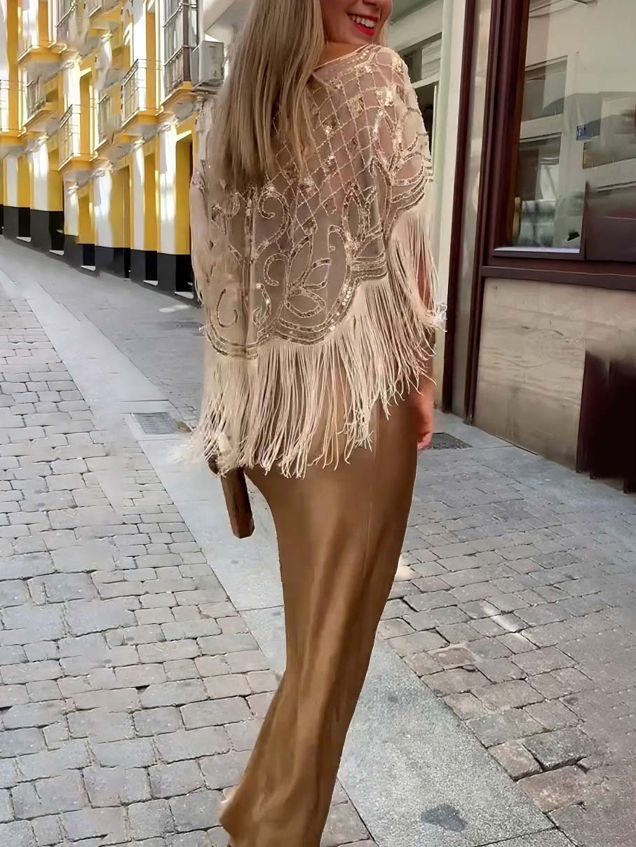 Elegant Sequined Tasseled Sheer Cape Top