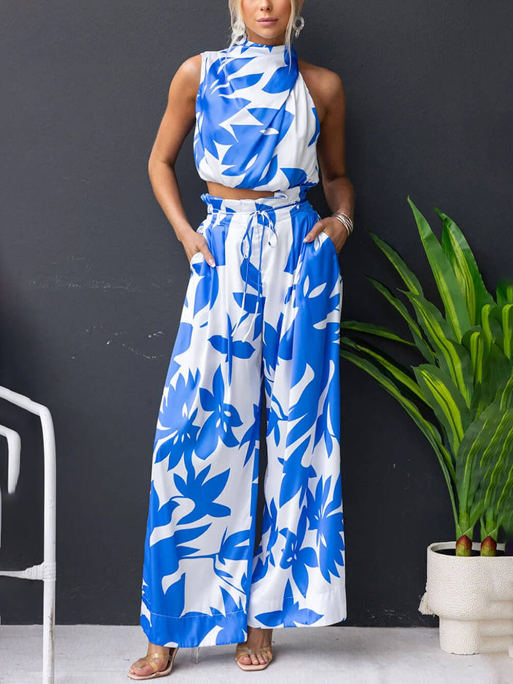 Unique Satin Printed High Neck Vest Top