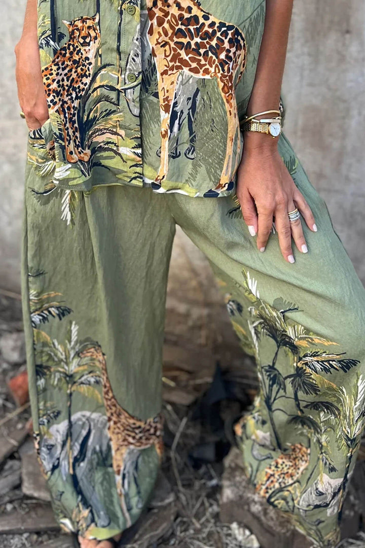 Unique Jungle Print Elastic Waist Pocket Wide-Leg Pants