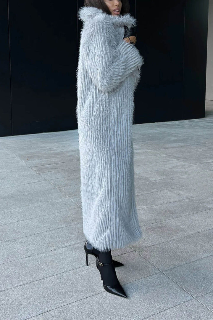 Elegant Lapel Faux Fur Fluffy Long Coat