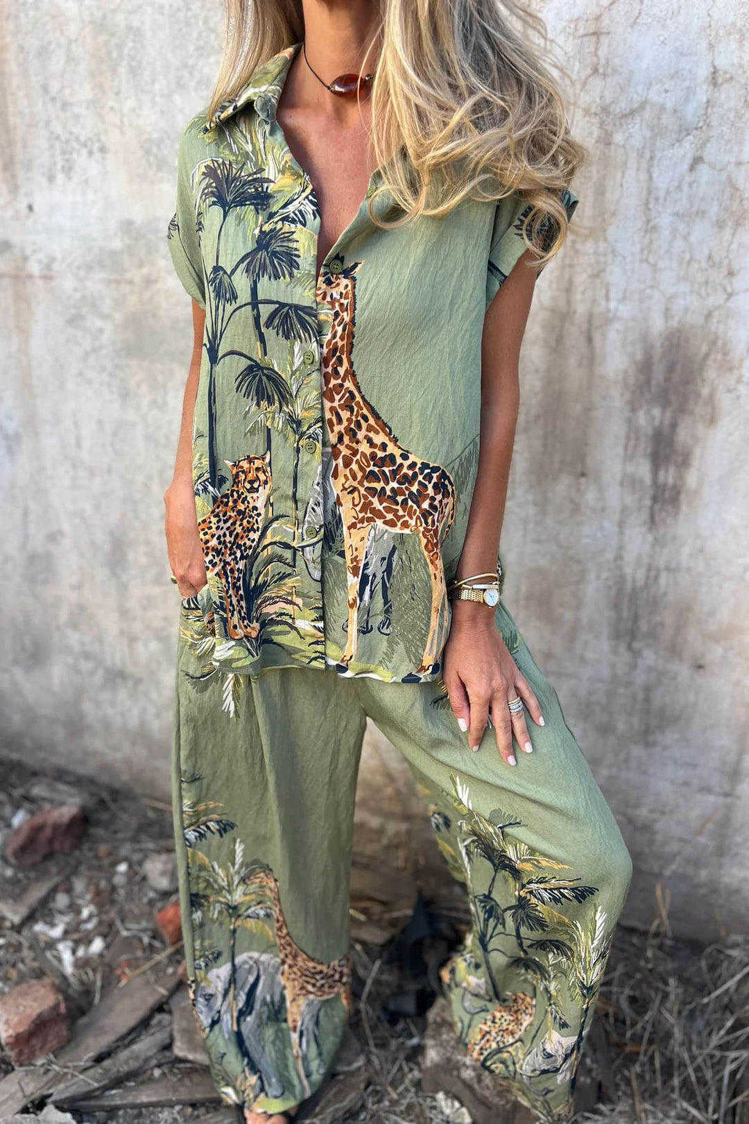 Unique Jungle Print Elastic Waist Pocket Wide-Leg Pants